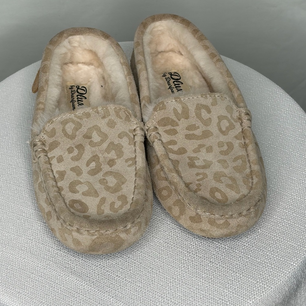 Deluxe Dearfoams Leopard Print Moccasin Slippers Kids Size 1 EU 32(A327)